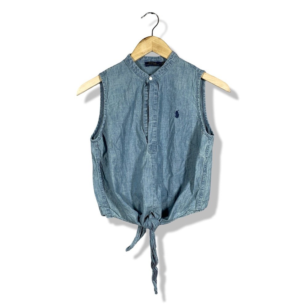 Polo Ralph Lauren Tie Front Top Womens 2 Blue Chambray Sleeveless Preppy Boho